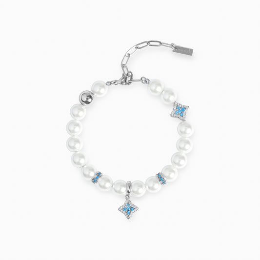 Silver Flower Pearl Bracelet - Blue Stones