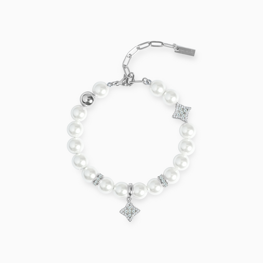Silver Flower Pearl Bracelet - White Stones