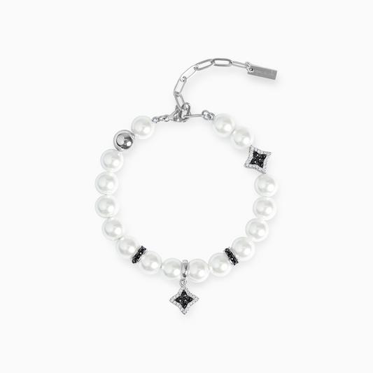 Silver Flower Pearl Bracelet - Black Stones