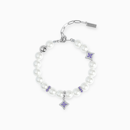 Silver Flower Pearl Bracelet - Purple Stones