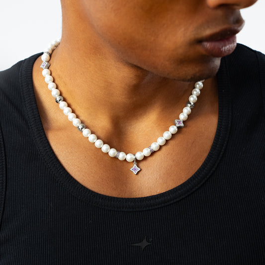 Silver Flower Pearl Chain - Purple Stones