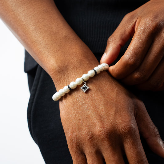 Silver Flower Pearl Bracelet - Black Stones