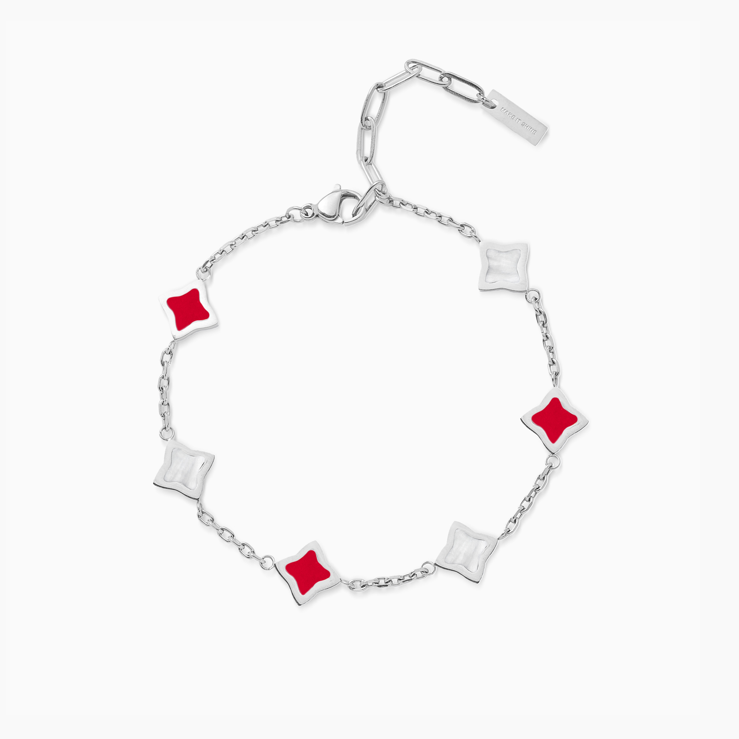Bracelet Flower câble Argenté - Motif Blanc & Rouge
