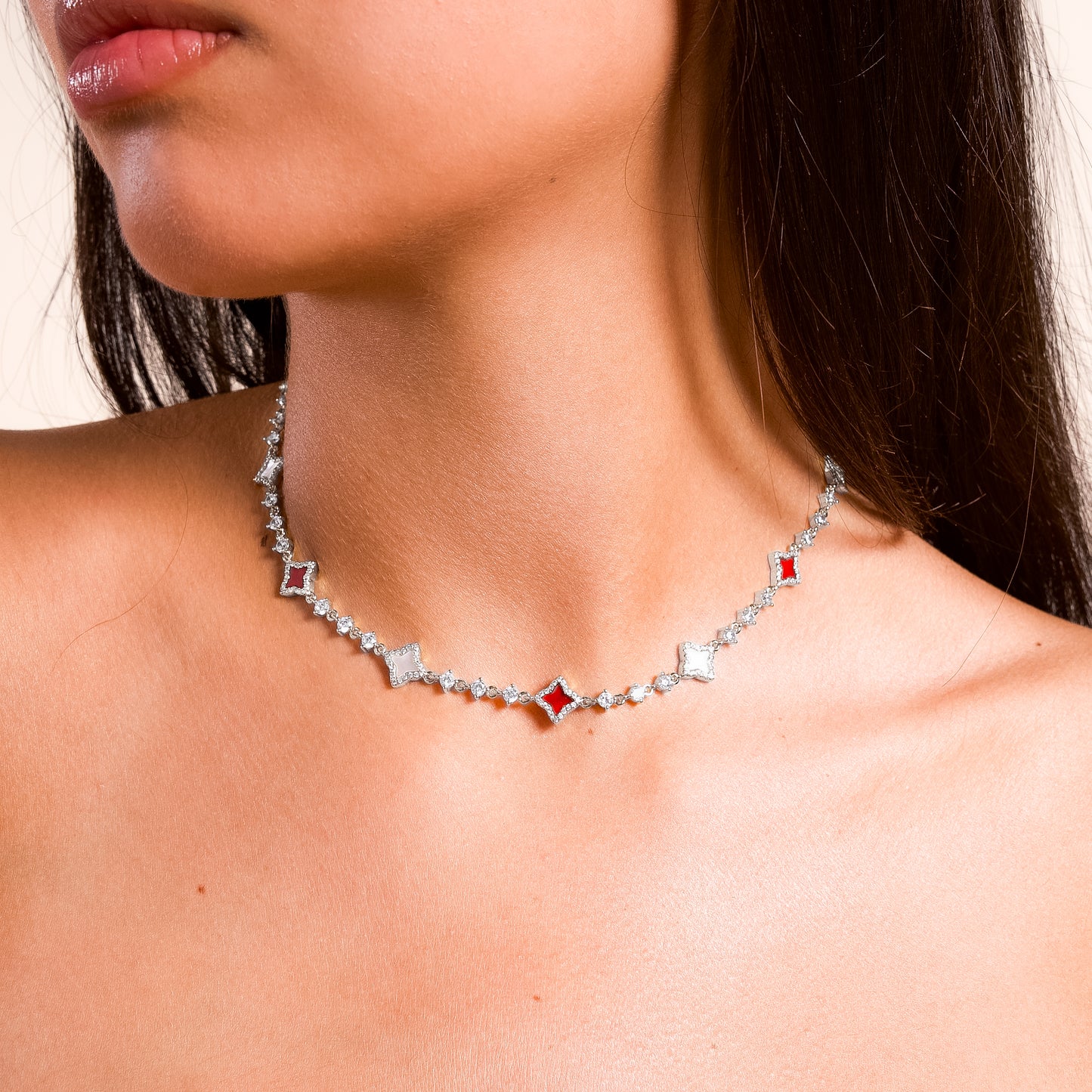 Silver Flower Tennis Chain - White & Red