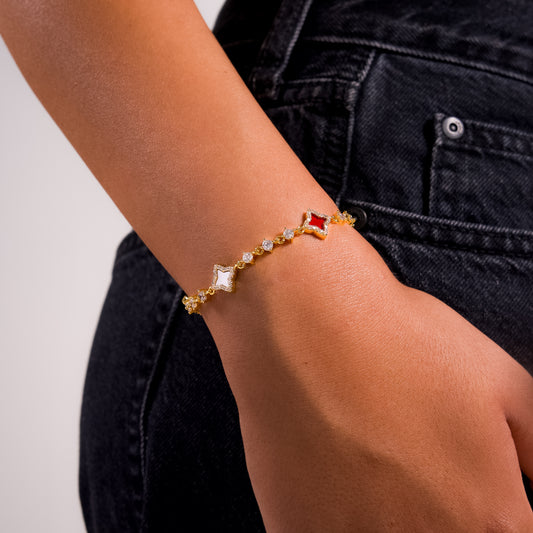 Gold Flower Tennis Bracelet - White & Red