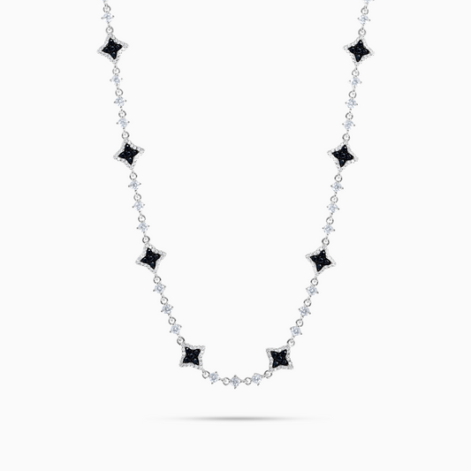 Silver Flower Tennis Chain - Black Stones