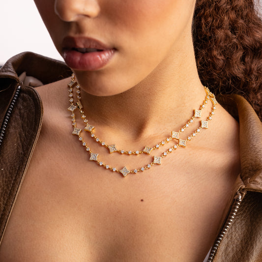 Gold Flower Tennis Chain - White Stones