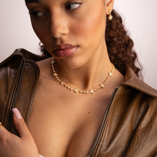 Gold Flower Tennis Chain - White Stones