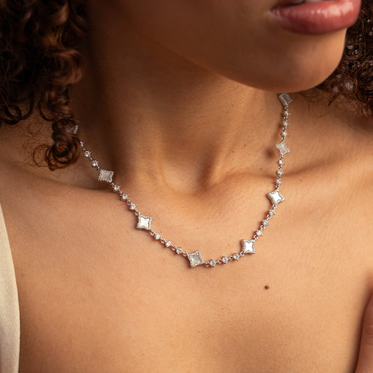 Silver Flower Tennis Chain - White